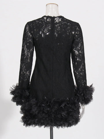 Senior Sense Dress Woman 2025 Summer New Lace Collar Splicing Mesh Long Sleeve Short Dress Women's Dress